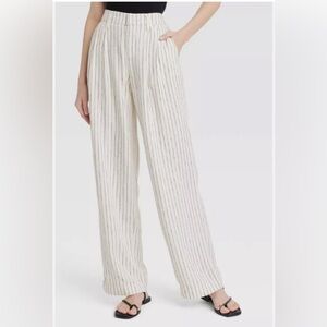 NWT Women's High-Rise Linen Pleat Front Straight Pants - Cream/Black Size